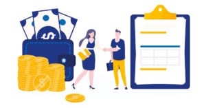 Vector illustration of people shaking hands, exchanging money and contract agreement