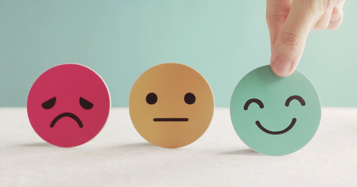 mental health, smiley face, sad face and complacent face lined up to choose from.